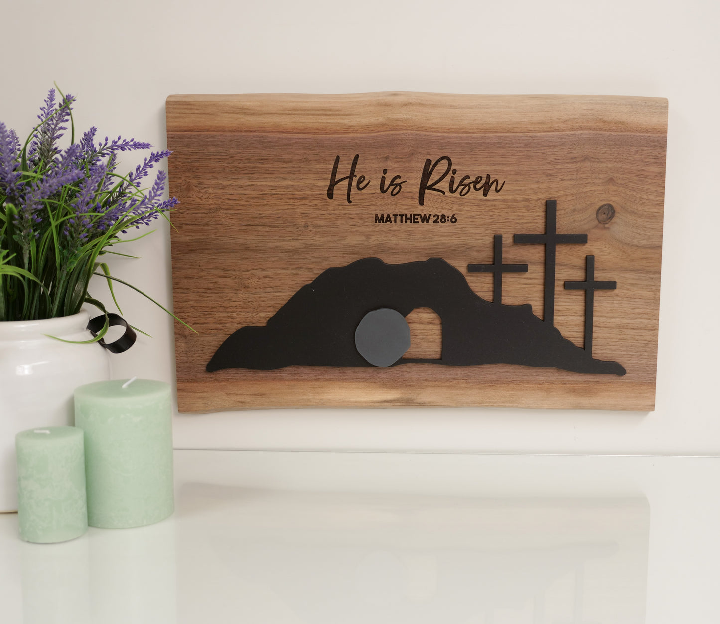 Easter He Is Risen Sign | Unique Live Edge 3D Empty Tomb & Cross Sign