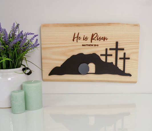 Easter He Is Risen Sign | Unique Live Edge 3D Empty Tomb & Cross Sign