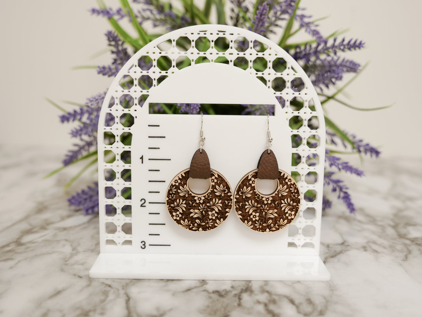 Circle Damask Wood & Leather Earrings