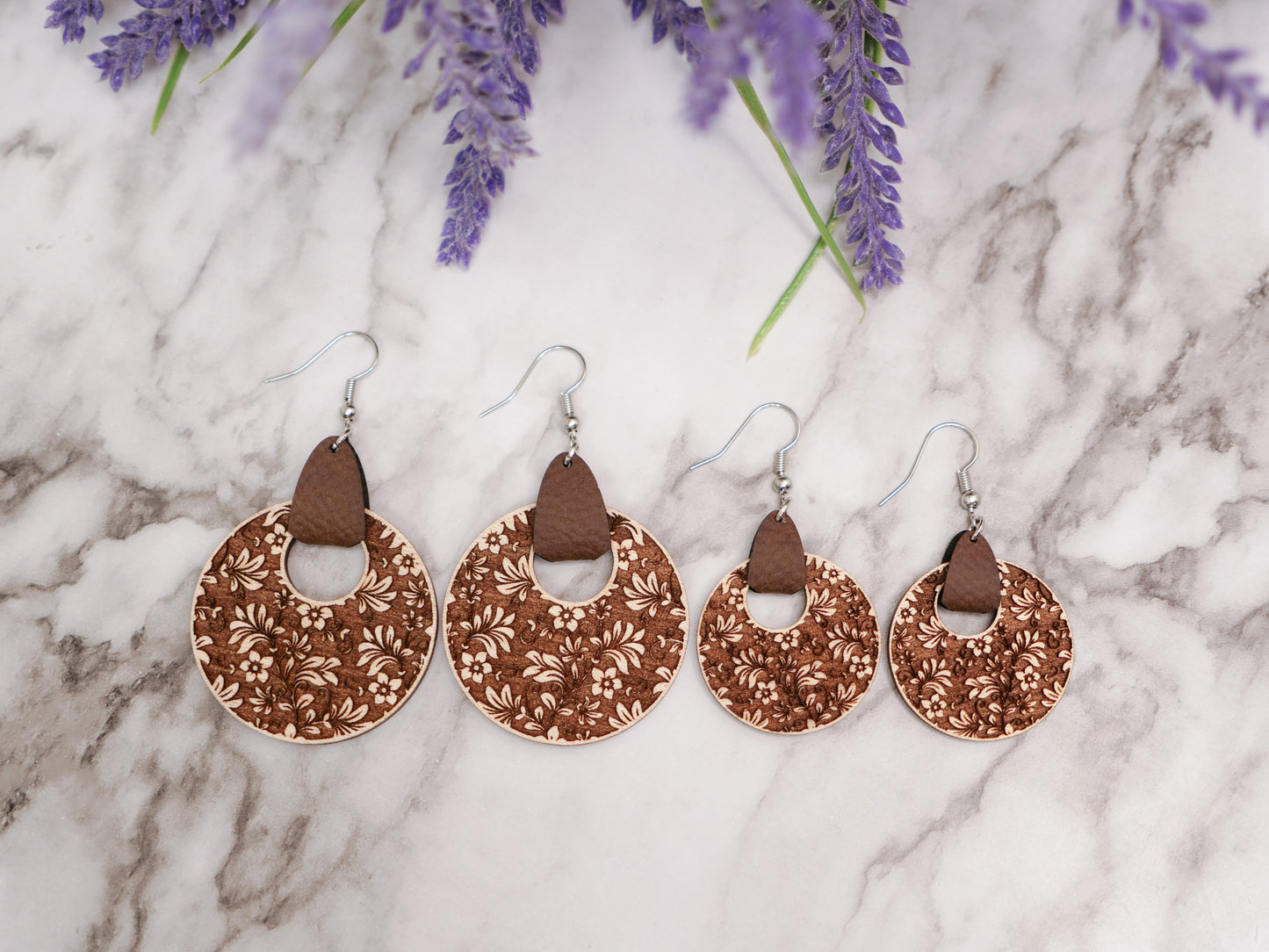 Circle Damask Wood & Leather Earrings