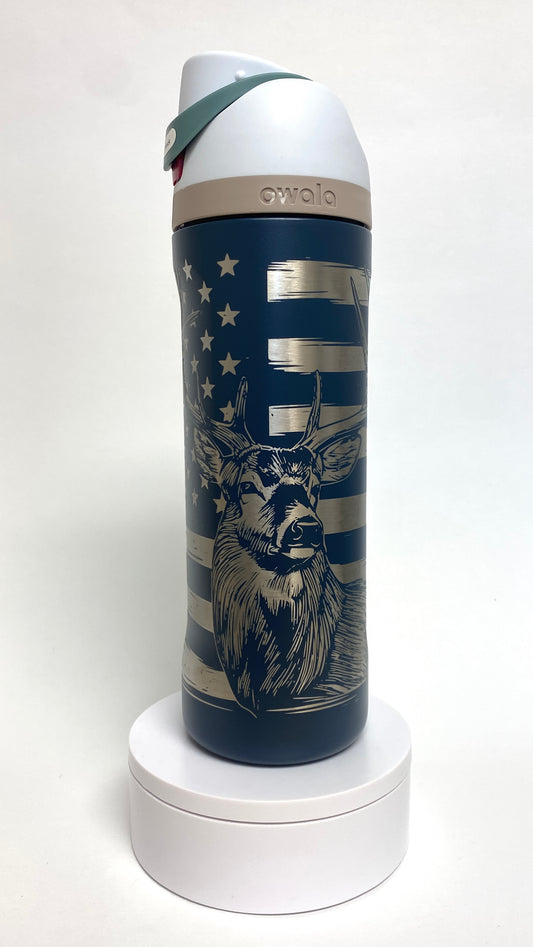 Buck American Flag | Engraved Full Wrap | Owala Water Bottle 24 oz.