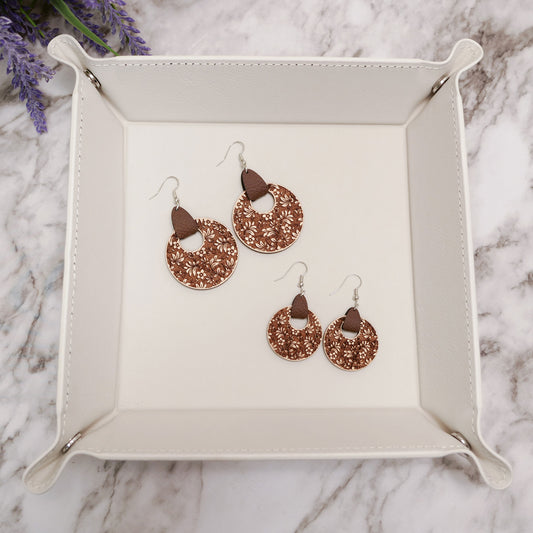 Circle Damask Wood & Leather Earrings